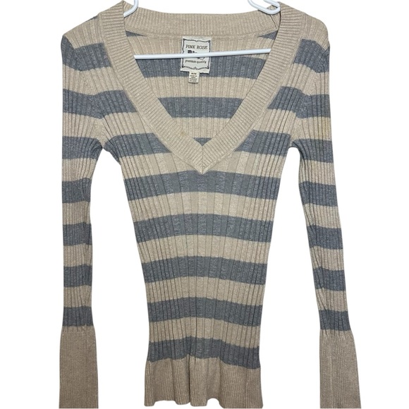 Pink Rose Sweaters - Pink Rose Beige Stripped Waist Snatching Ribbed Knit Long Sleeved V-neck Sweater